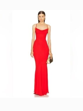 Michael Costello REVOLVE Chloe Gown Fiery Red lace back maxi dress